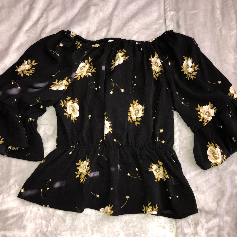 Black Off the Shoulder Floral Blouse